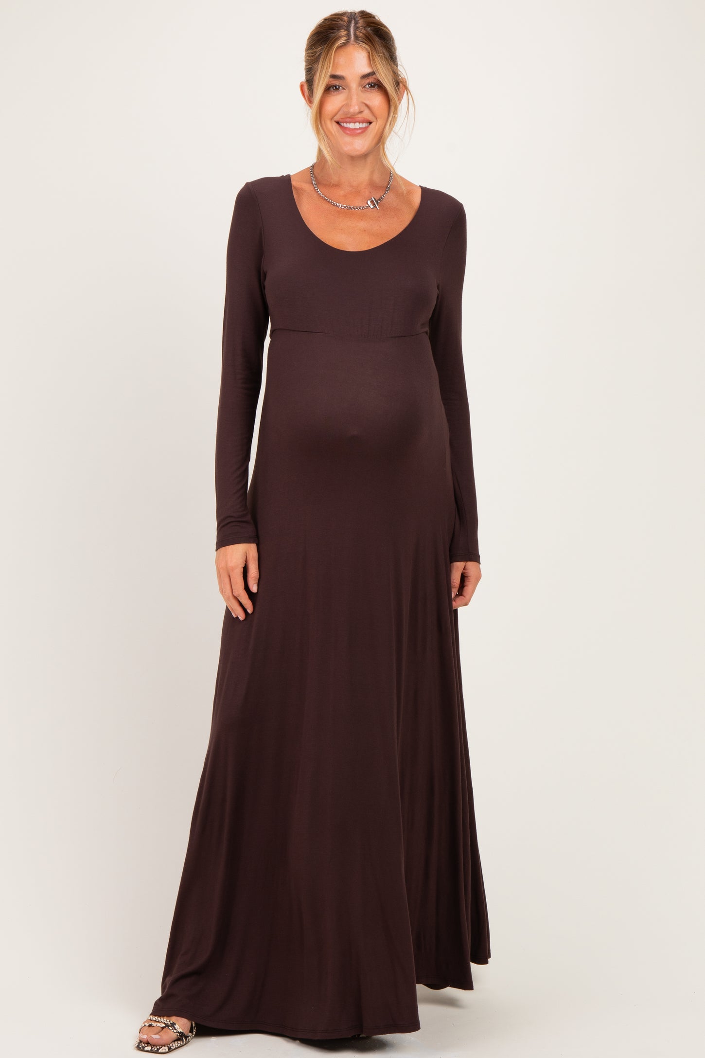 Brown Solid Long Sleeve Scoop Neck A-Line Maternity Maxi Dress