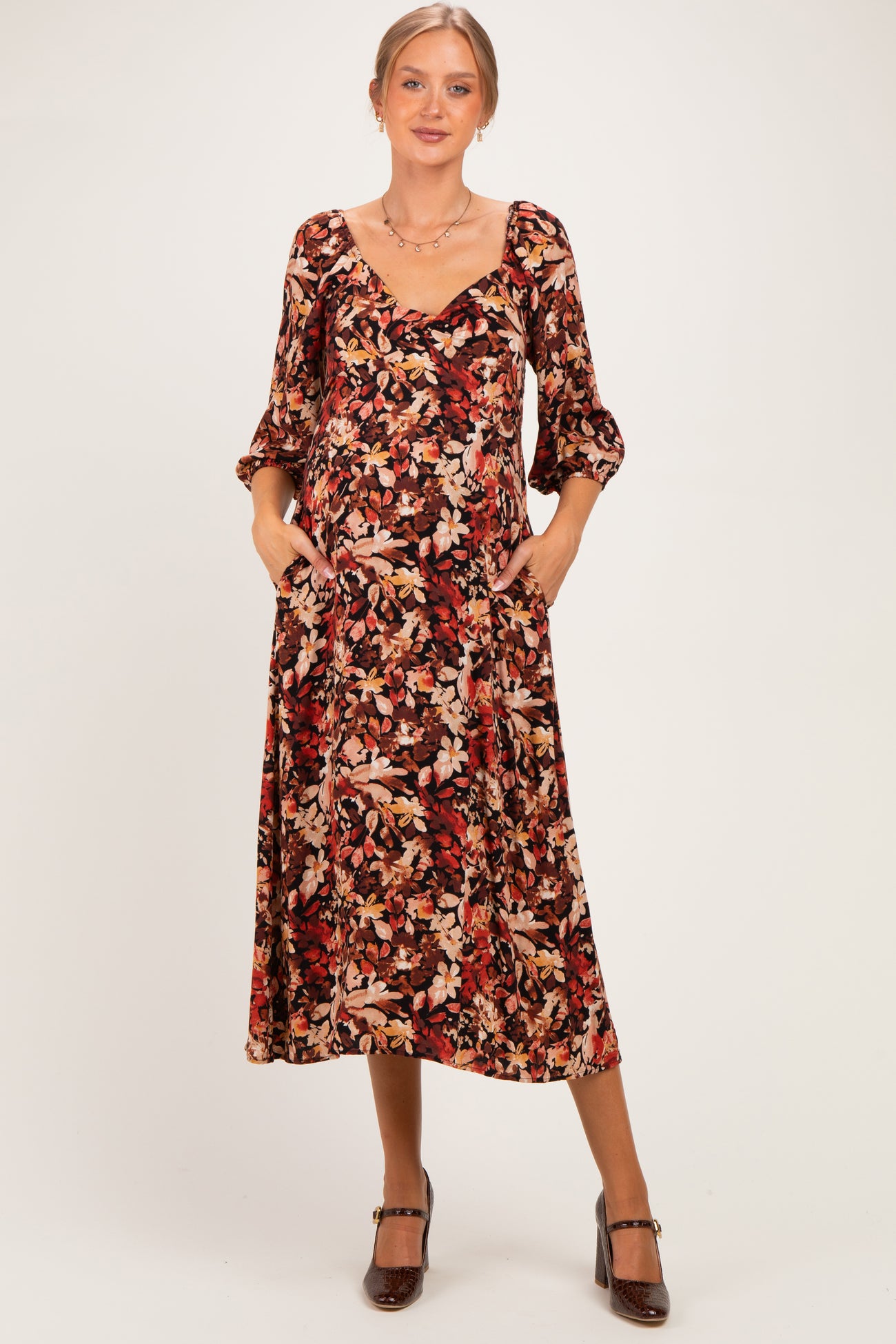 Black Floral 3/4 Sleeve Twist Front Maternity Midi Dress