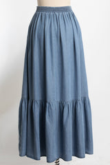 Denim Chambray Medium Wash Tiered Maxi Skirt