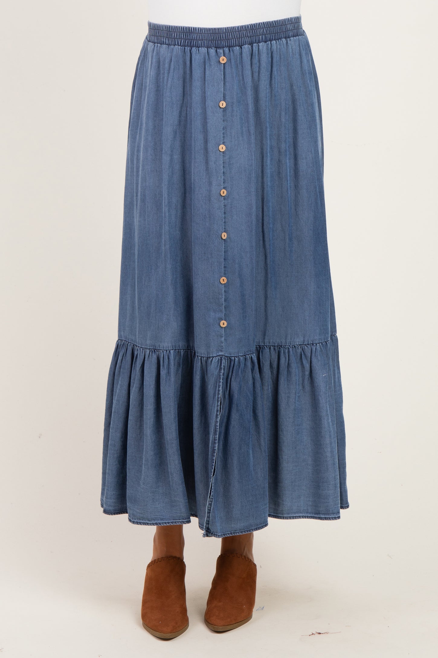 Denim Chambray Medium Wash Tiered Maternity Maxi Skirt