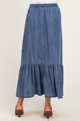 Denim Chambray Medium Wash Tiered Maternity Maxi Skirt