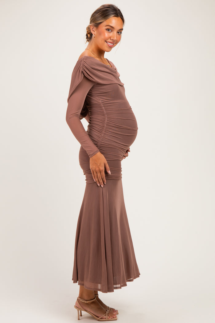 Mocha Mesh Draped Shoulder Long Sleeve Maternity Maxi Dress