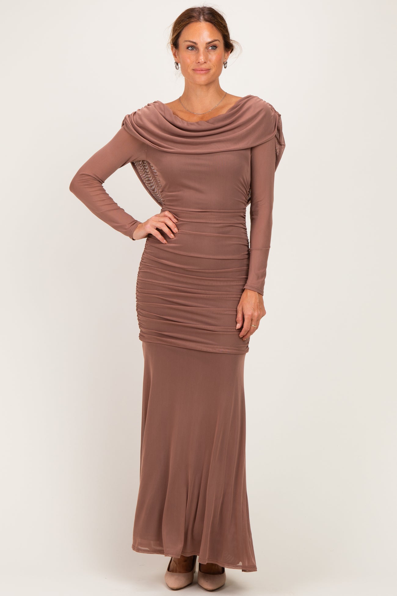 Mocha Mesh Draped Shoulder Long Sleeve Maxi Dress