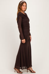 Chocolate Mesh Draped Shoulder Long Sleeve Maxi Dress