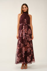 Burgundy Chiffon Floral Mock Halter Maxi Dress
