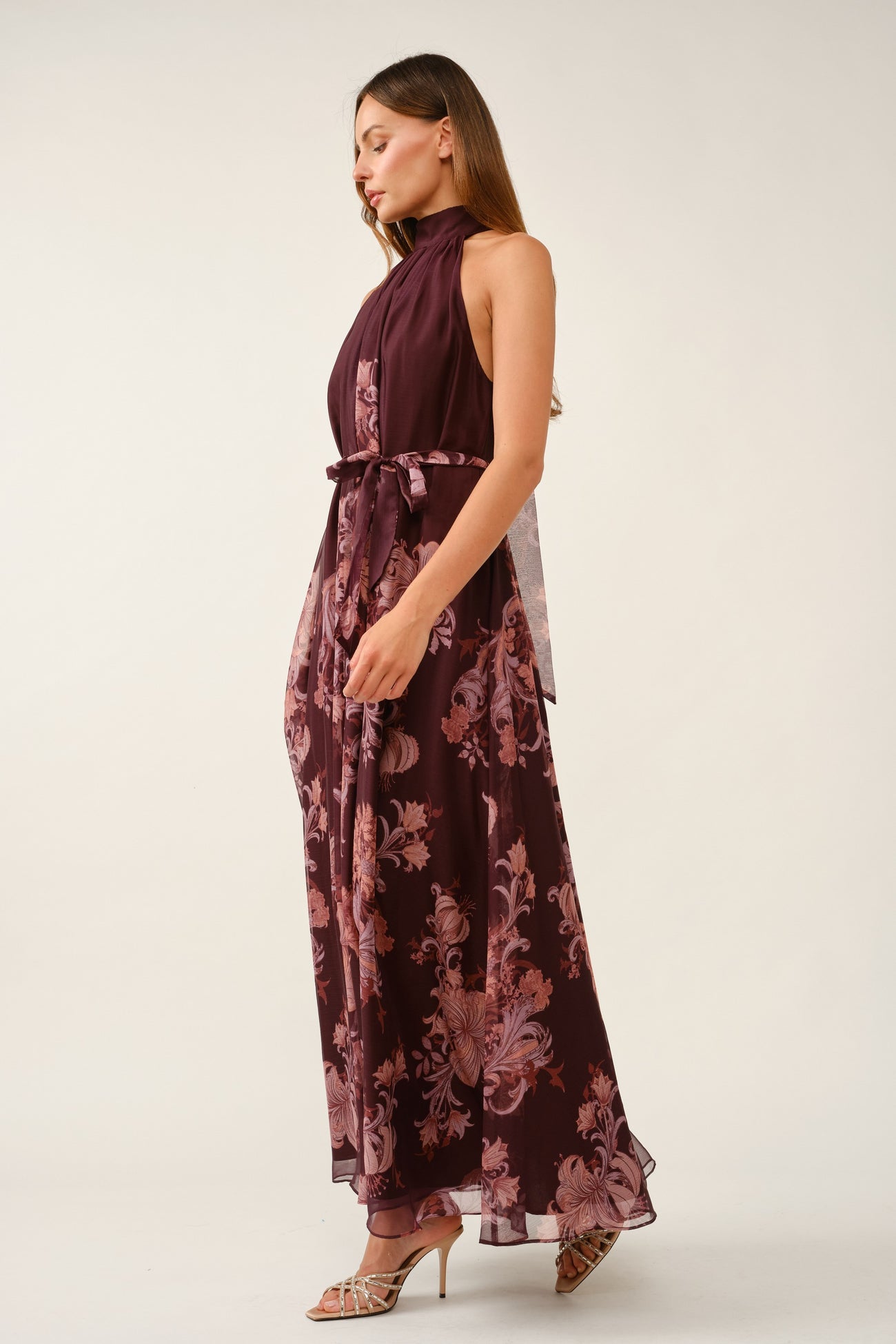 Burgundy Chiffon Floral Mock Halter Maxi Dress