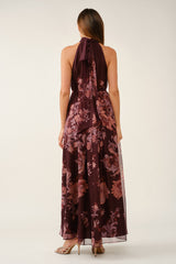 Burgundy Chiffon Floral Mock Halter Maxi Dress