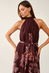 Burgundy Chiffon Floral Mock Halter Maxi Dress
