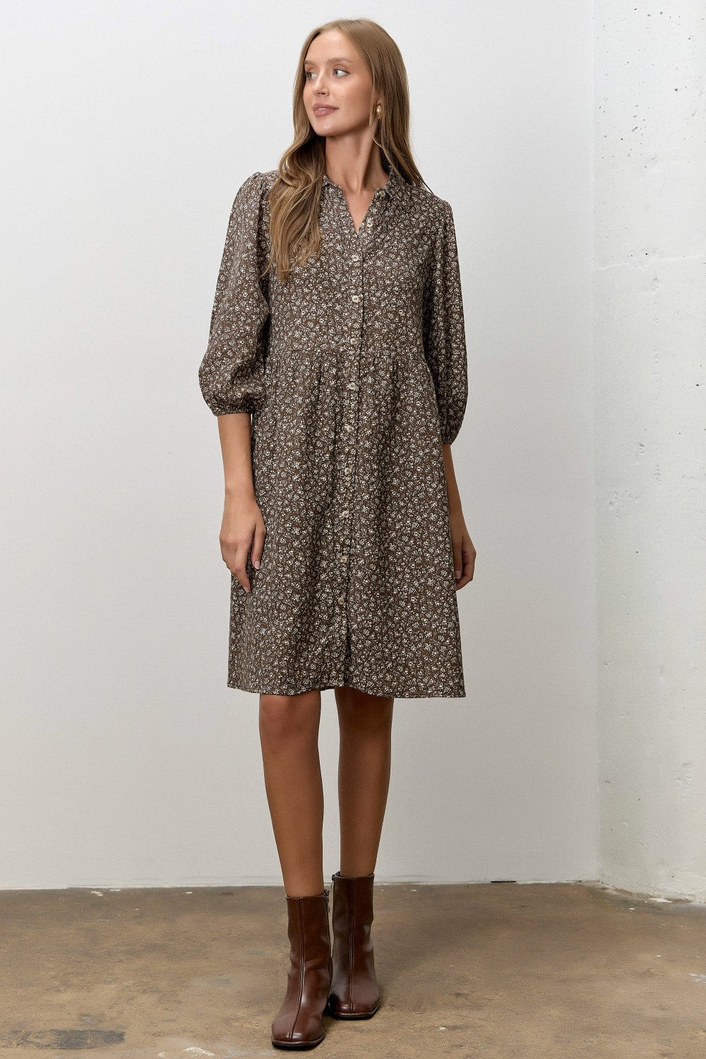 Dark Brown Floral Button Down Shirt Dress