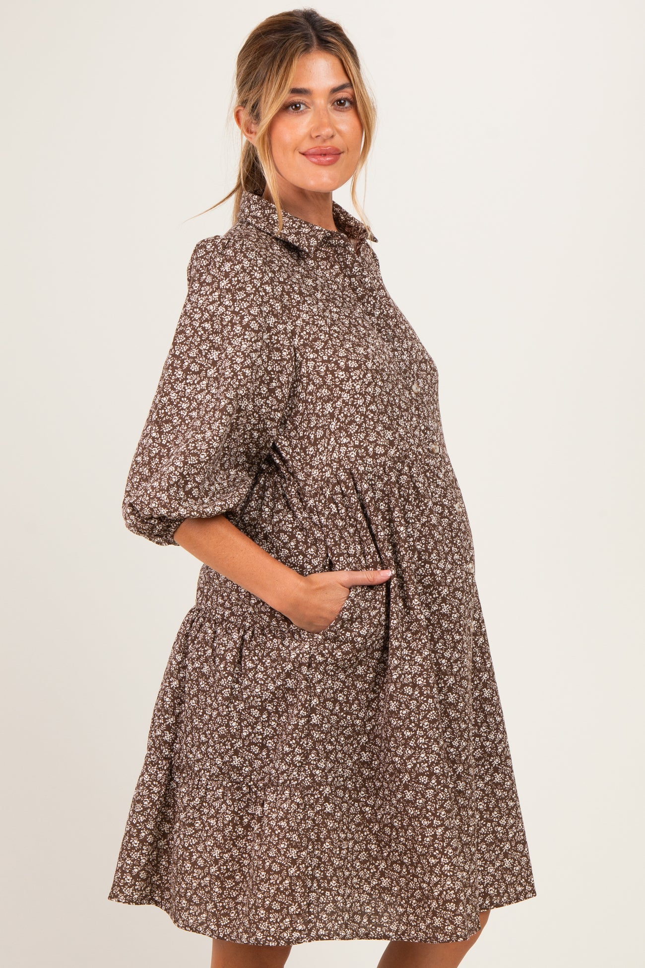 Dark Brown Floral Button Down Maternity Shirt Dress