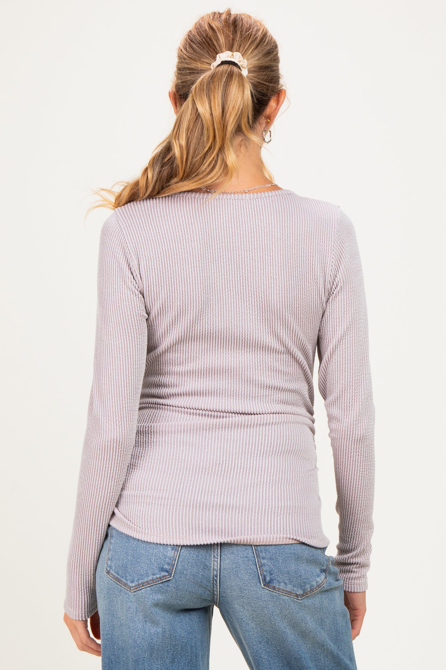 Beige Ribbed V-Neck Long Sleeve Maternity Top