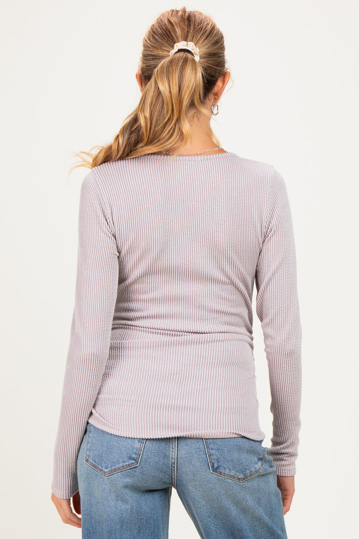 Beige Ribbed V-Neck Long Sleeve Maternity Top