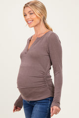 Brown Ribbed V-Neck Long Sleeve Maternity Top