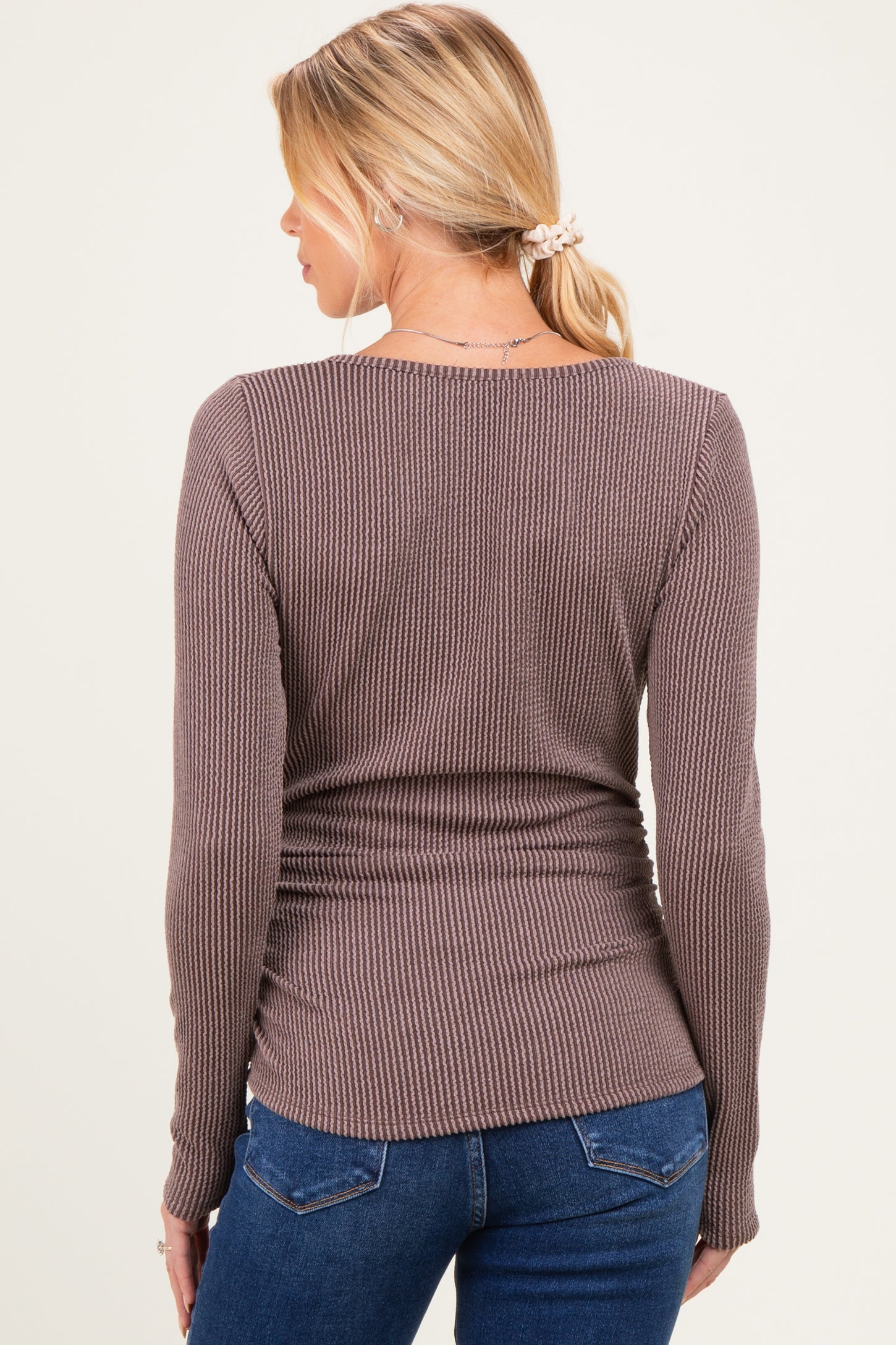 Brown Ribbed V-Neck Long Sleeve Maternity Top