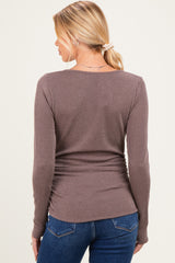 Brown Ribbed V-Neck Long Sleeve Maternity Top
