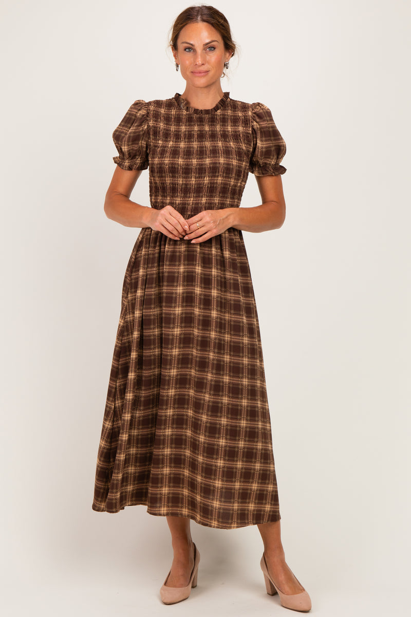plaid collar dress flare hemline brown Puff Sleeve Smocked Midi – PinkBlush Size:46 (IT) / 40(FR) / 30(UK-US)