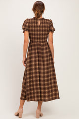 Brown Plaid Puff Sleeve Smocked Midi Dress
