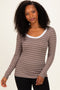 Taupe Striped Long Sleeve Scoop Neck Top