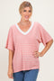 Coral Striped Short Sleeve V-Neck Top