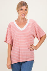 Coral Striped Short Sleeve V-Neck Maternity Top