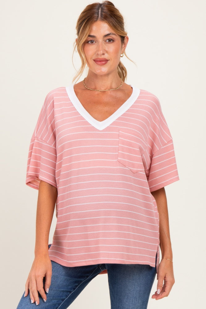 Coral Striped Short Sleeve V-Neck Maternity Top