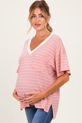 Coral Striped Short Sleeve V-Neck Maternity Top