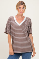 Taupe Striped Short Sleeve V-Neck Maternity Top