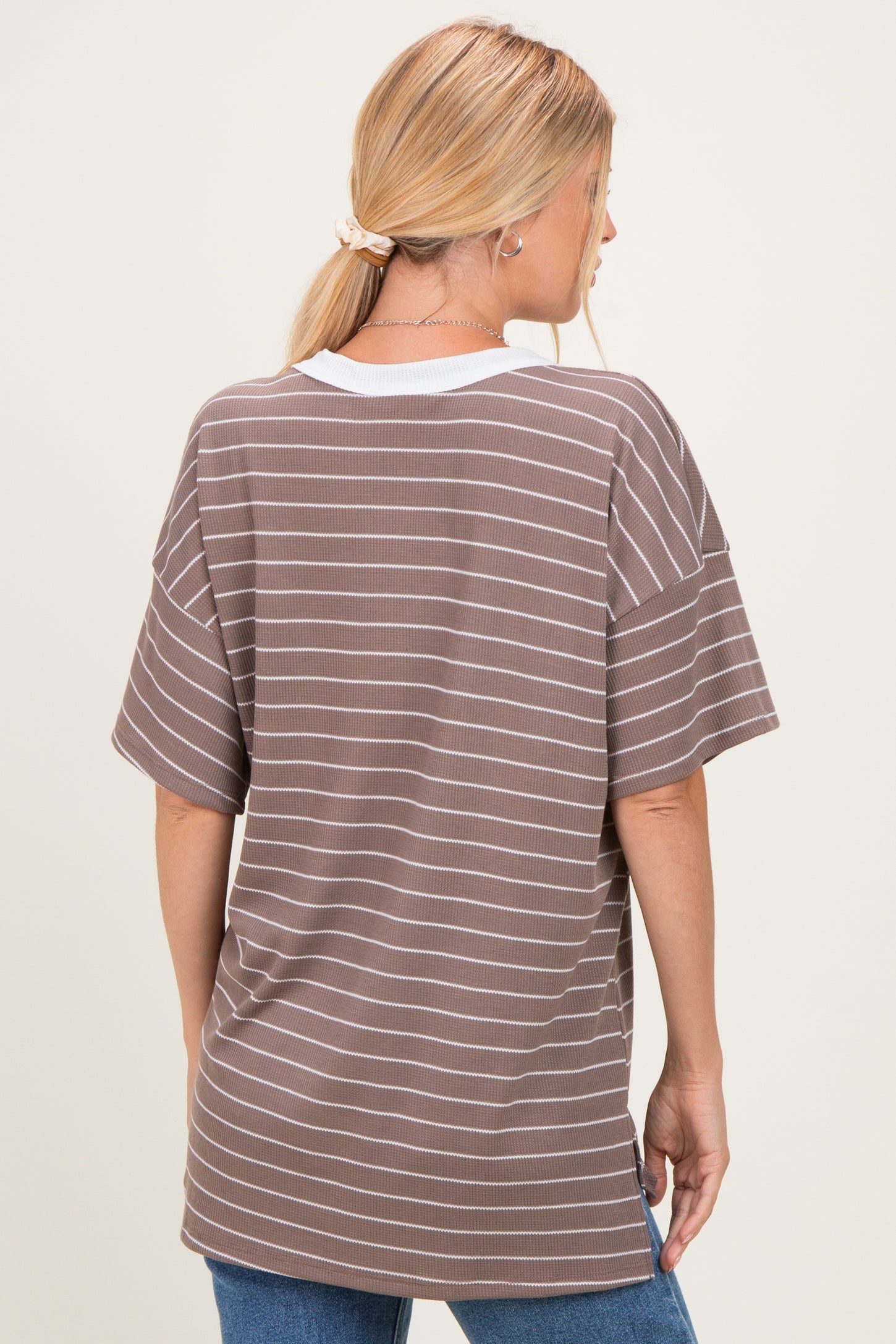 Taupe Striped Short Sleeve V-Neck Top