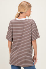 Taupe Striped Short Sleeve V-Neck Top
