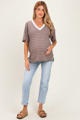 Taupe Striped Short Sleeve V-Neck Maternity Top