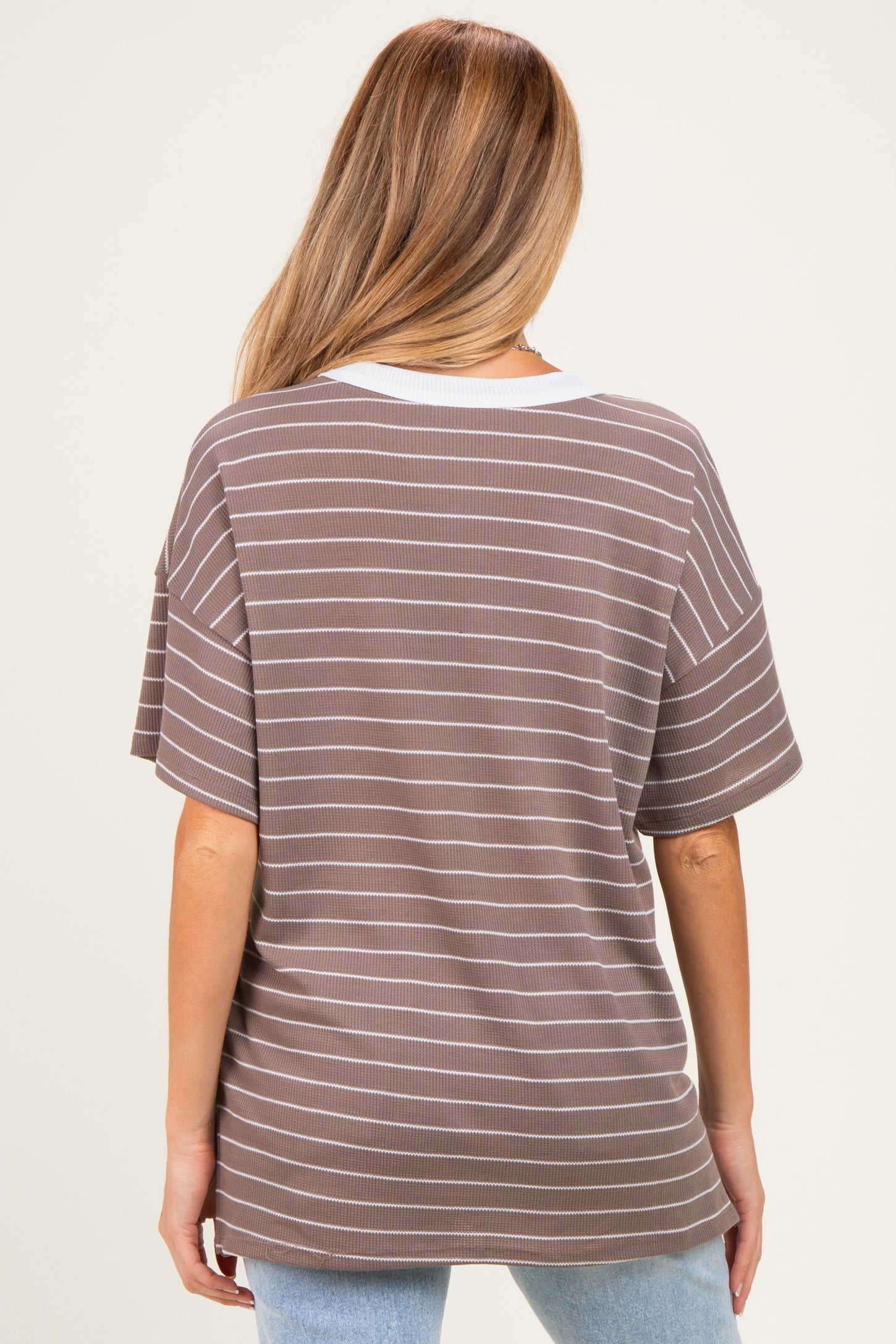 Taupe Striped Short Sleeve V-Neck Maternity Top