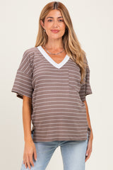 Taupe Striped Short Sleeve V-Neck Maternity Top