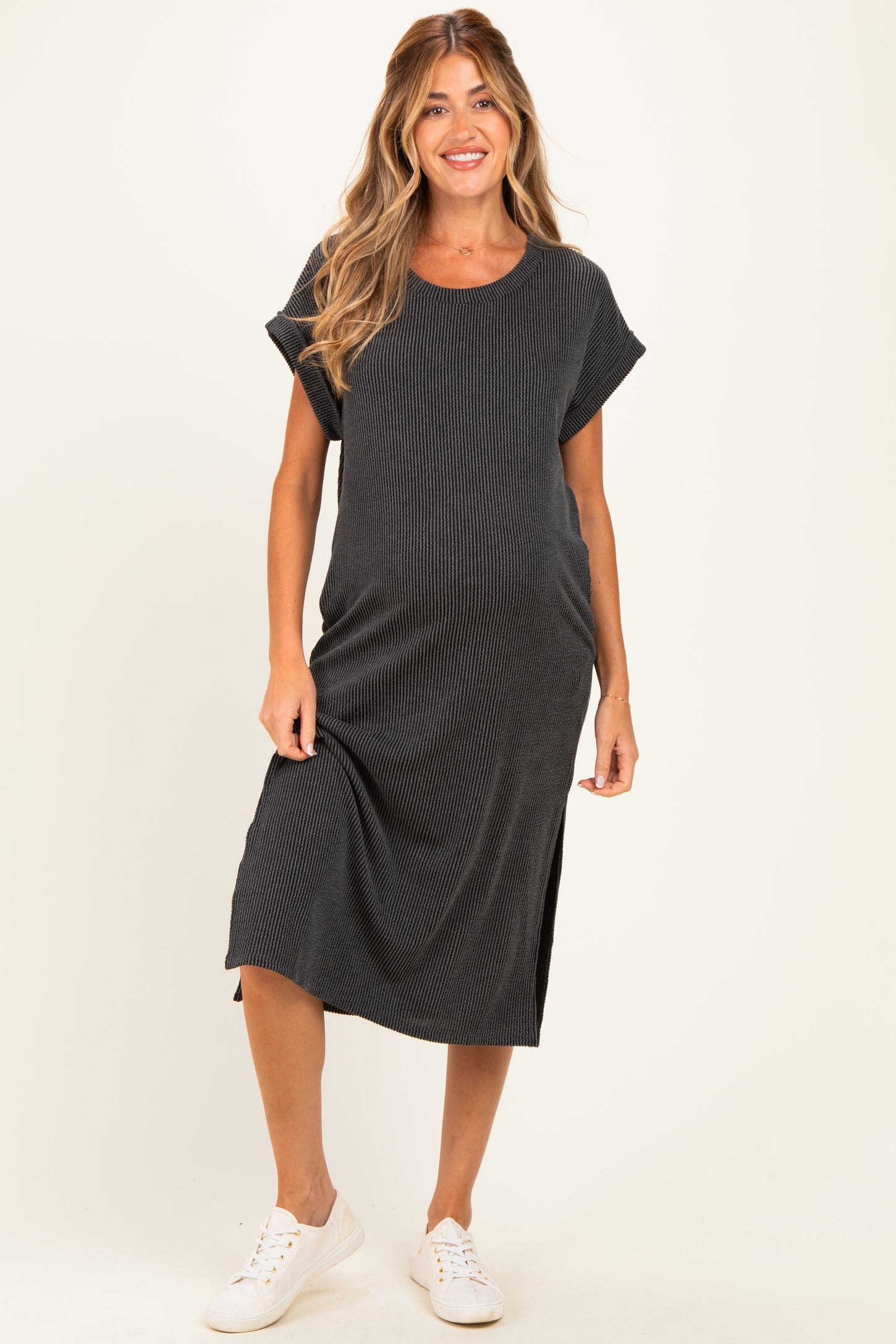 Charcoal Short Sleeve Ribbed Maternity Maxi Dress – PinkBlush