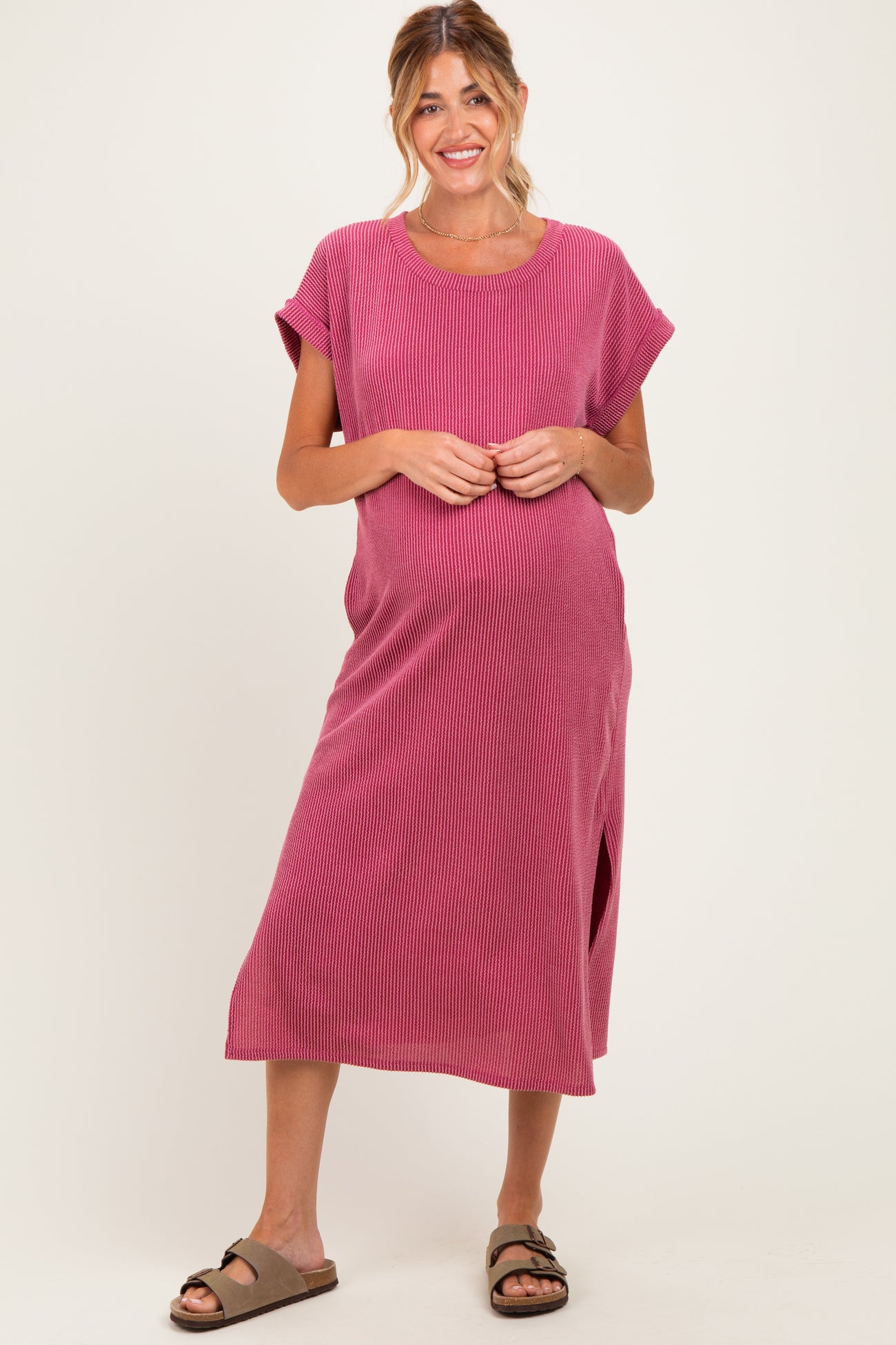 Mauve Short Sleeve Ribbed Maternity Maxi Dress