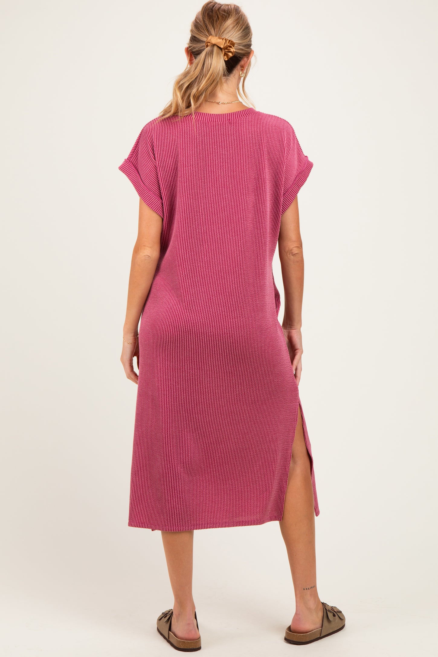 Mauve Short Sleeve Ribbed Maternity Maxi Dress