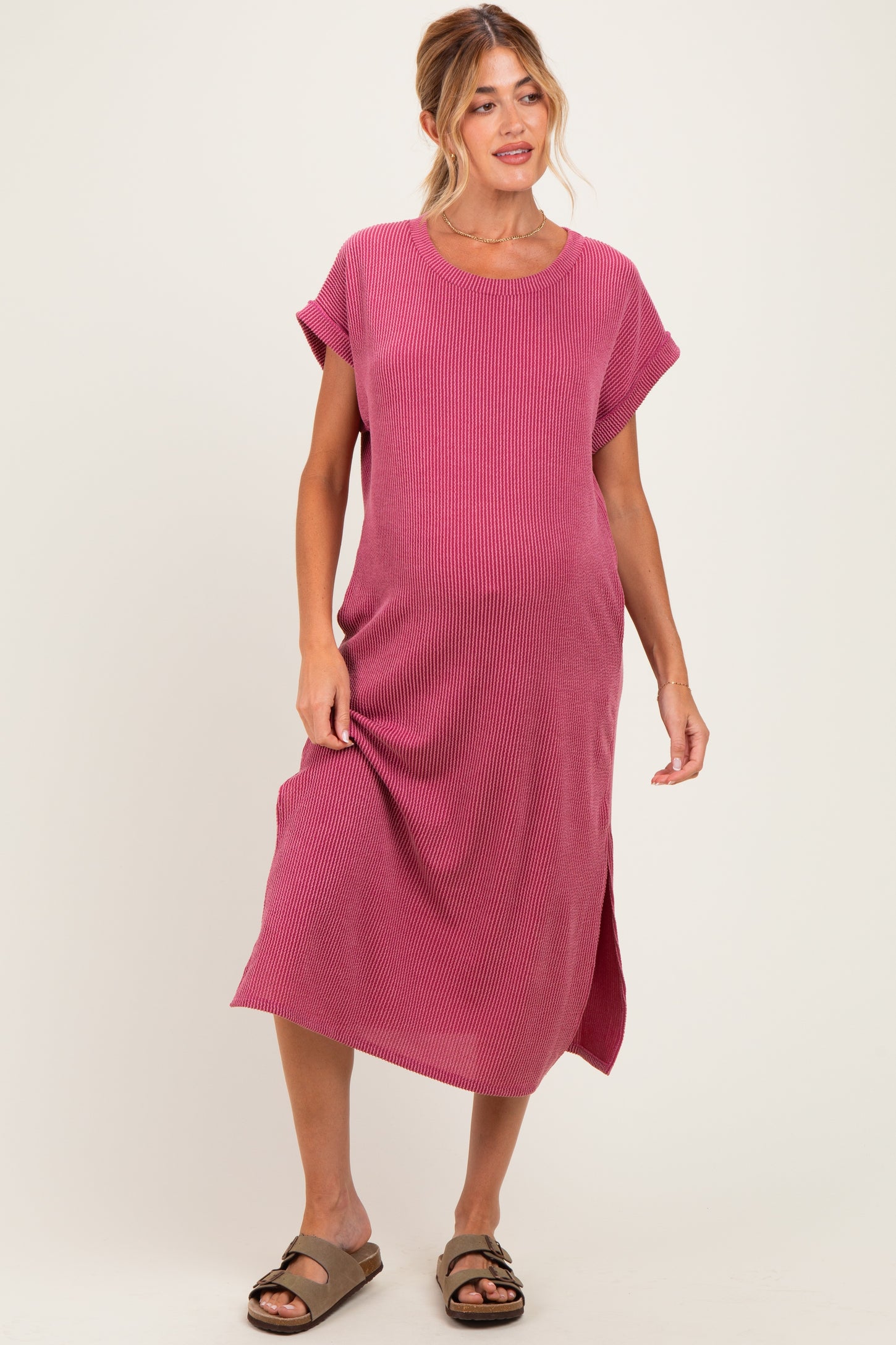 Mauve Short Sleeve Ribbed Maternity Maxi Dress