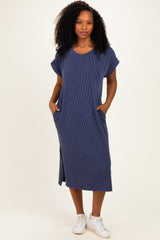 Navy Short Sleeve Ribbed Maternity Maxi Dress