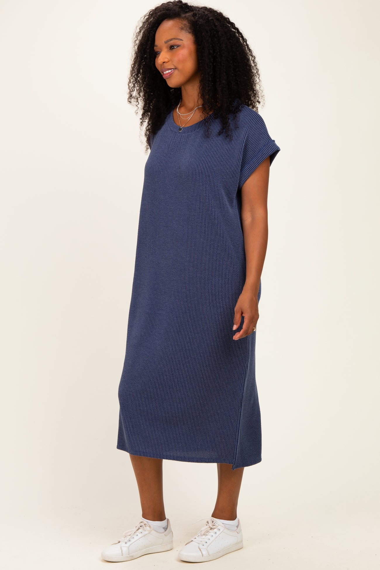 Navy Short Sleeve Ribbed Maxi Dress