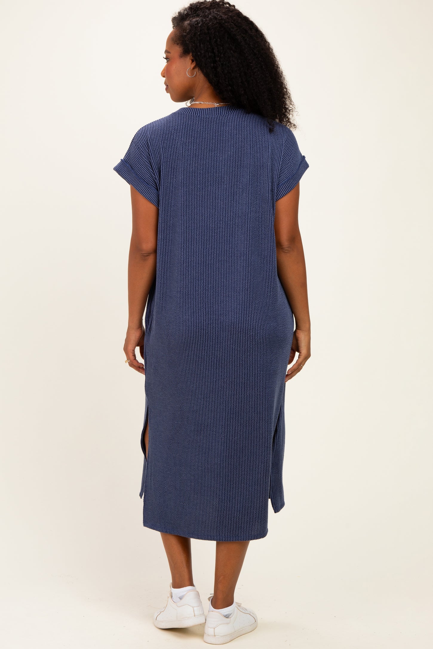 Navy Short Sleeve Ribbed Maxi Dress