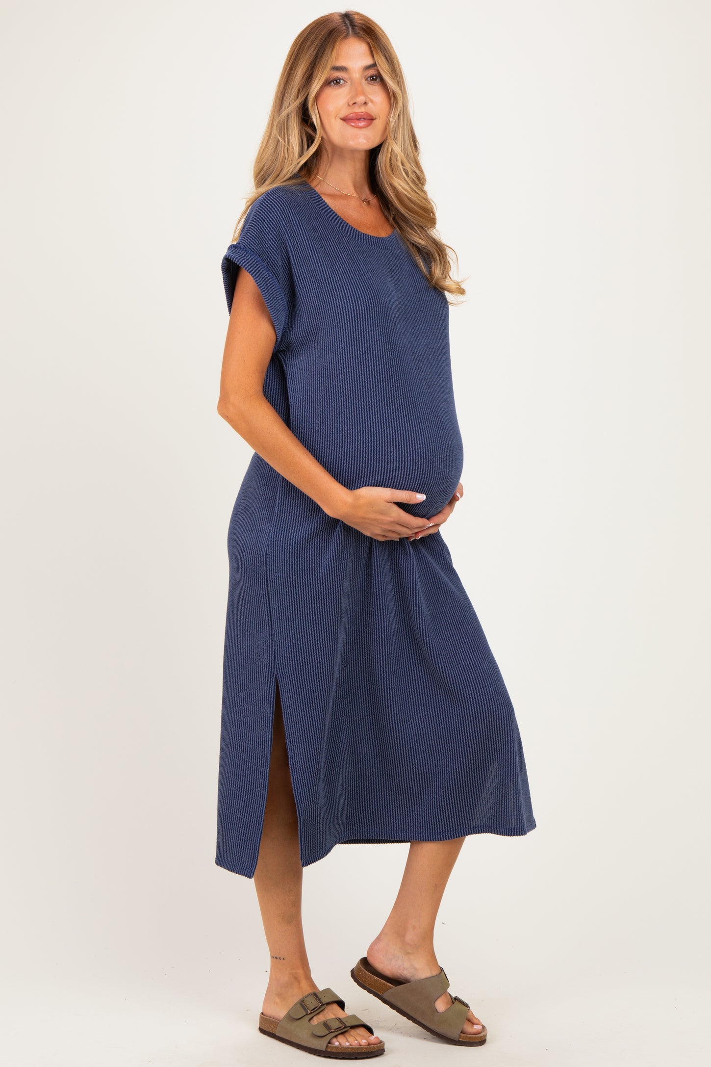 Navy Short Sleeve Ribbed Maternity Maxi Dress
