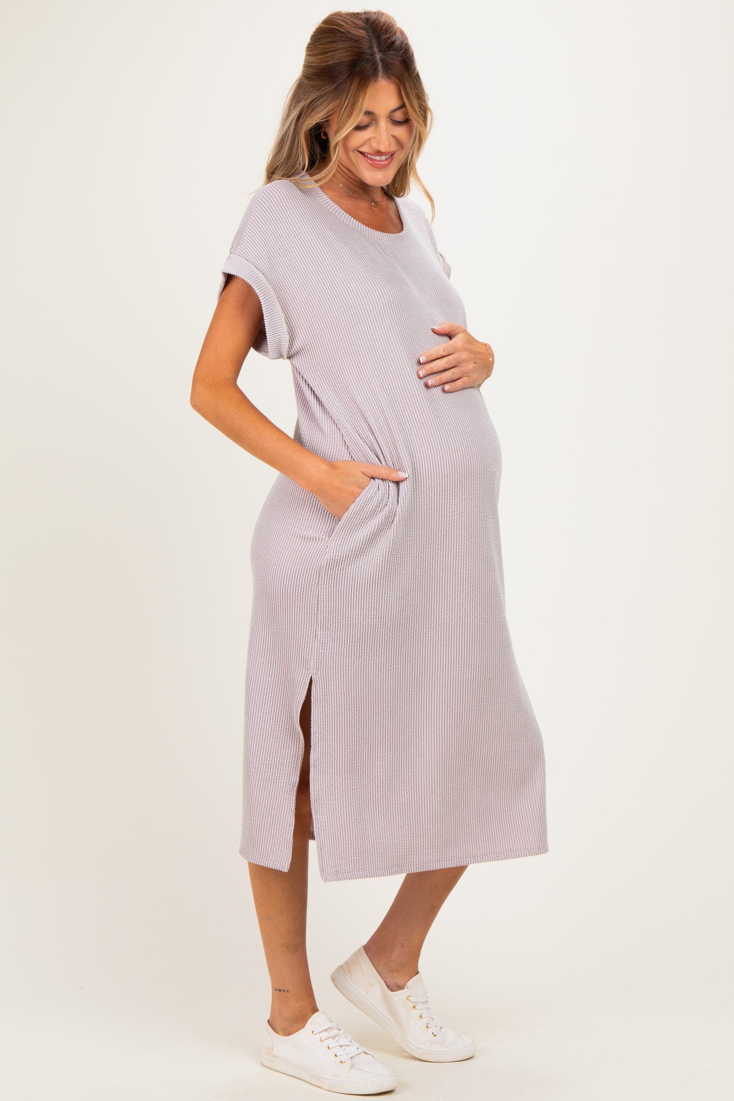 Beige Short Sleeve Ribbed Maternity Maxi Dress