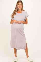 Beige Short Sleeve Ribbed Maternity Maxi Dress