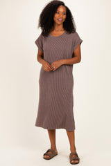 Brown Short Sleeve Ribbed Maternity Maxi Dress