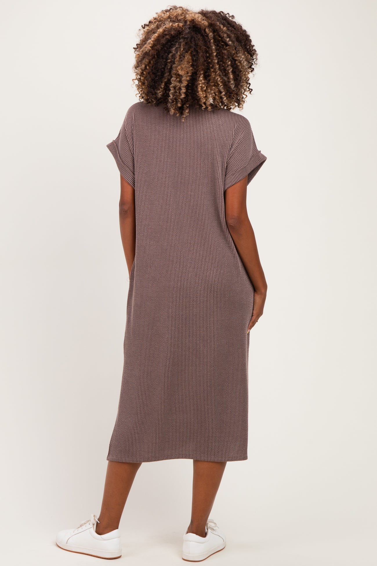 Brown Short Sleeve Ribbed Maternity Maxi Dress