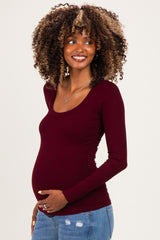 Burgundy Ribbed Scoop Neck Long Sleeve Maternity Top