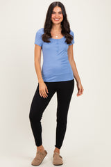 Blue Ribbed Button Scoop Neck Short Sleeve Top