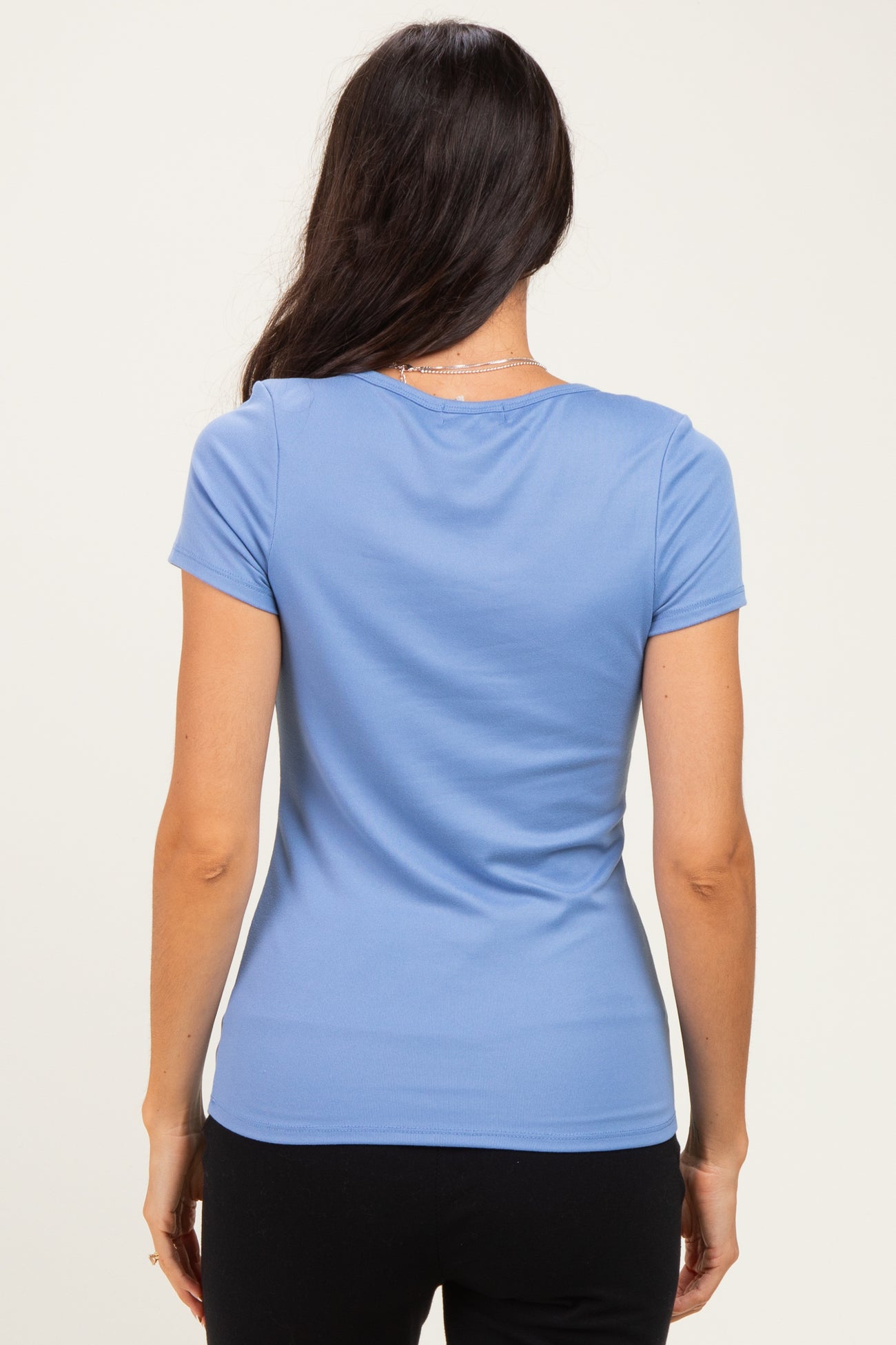 Blue Ribbed Button Scoop Neck Short Sleeve Top