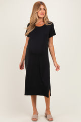 Black Side Slit Maternity Midi Dress