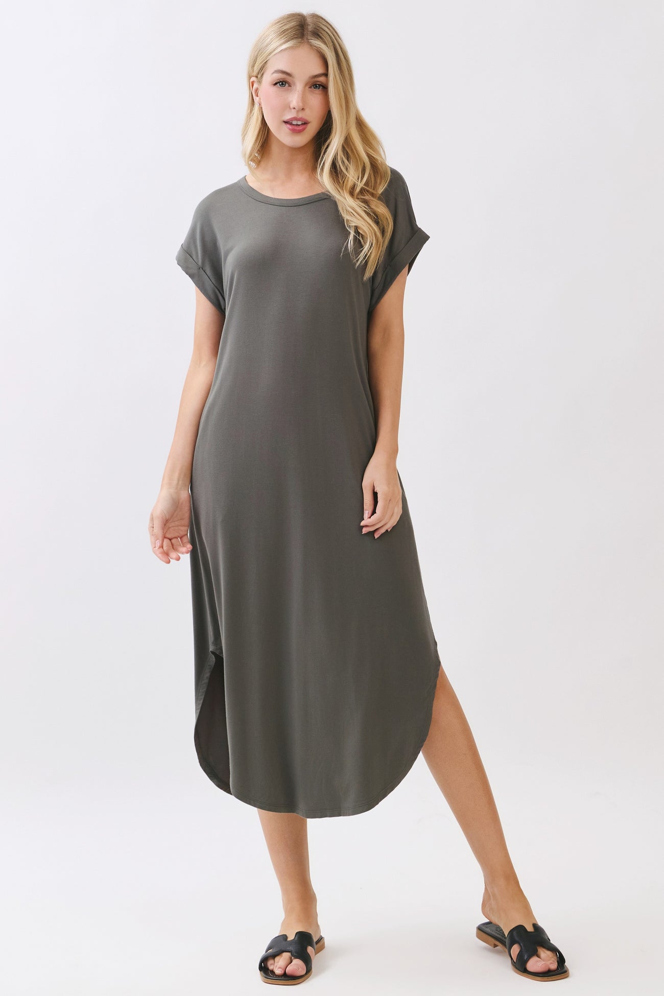 Gun Metal Rounded Hem Maternity Midi Dress