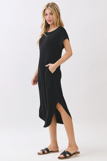 Black Rounded Hem Midi Dress